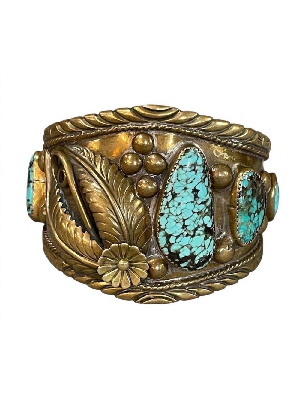 1960's / 1970's Navajo Turquoise & Brass Men's Cuff Statement Bracelet
